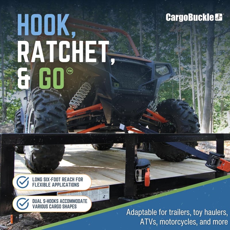CargoBuckle G3 Bolt On Retractable Ratchet Straps Heavy Duty, 3,500 lbs Break Strength, 2-Inch x 6-Feet Automotive Tie-Downs for Trucks, Cargo Trailer Straps for ATV & SxS, 2-Pack - Image 5
